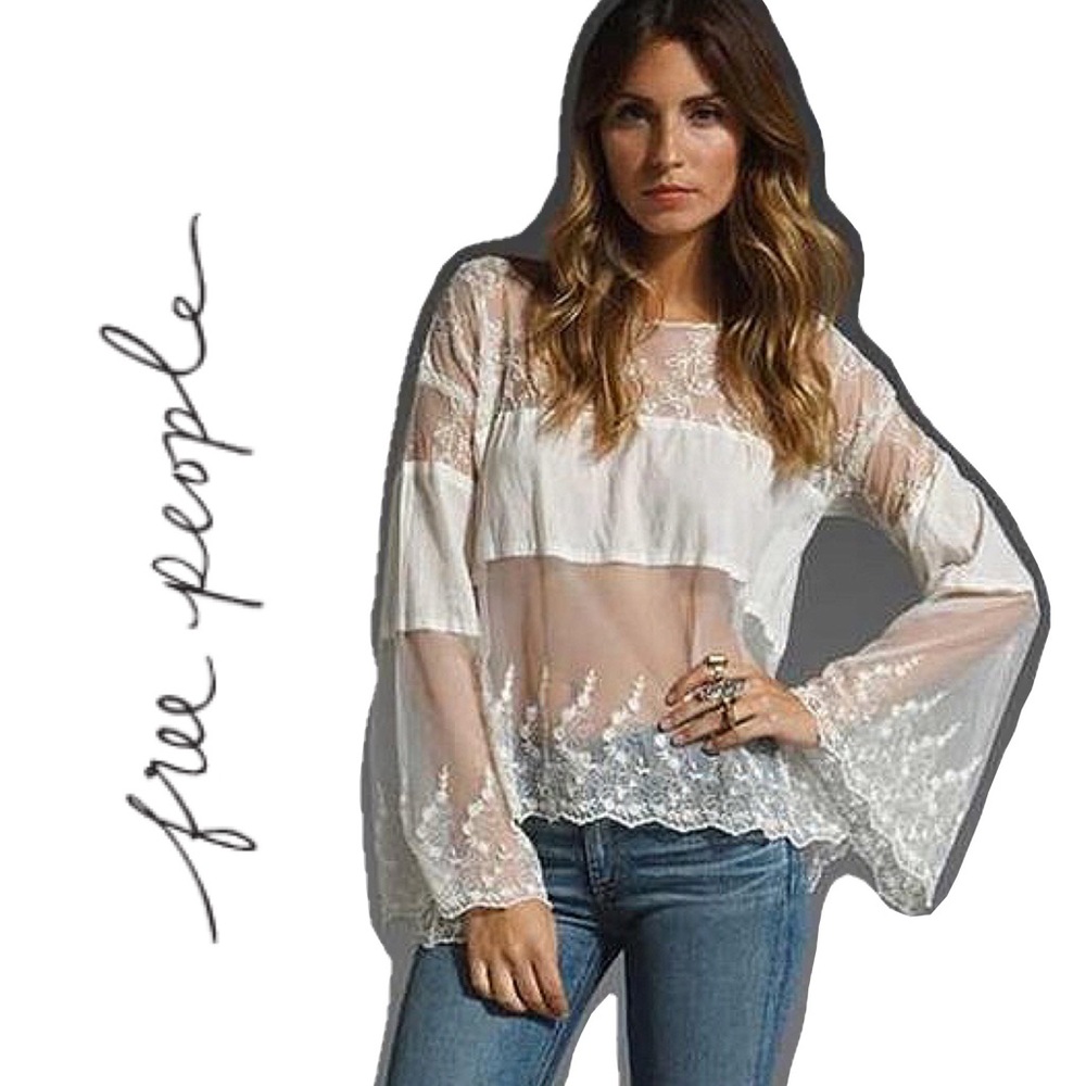 Free People Sheer Angel Wings Bell Sleeve Lace Top MEDIUM
